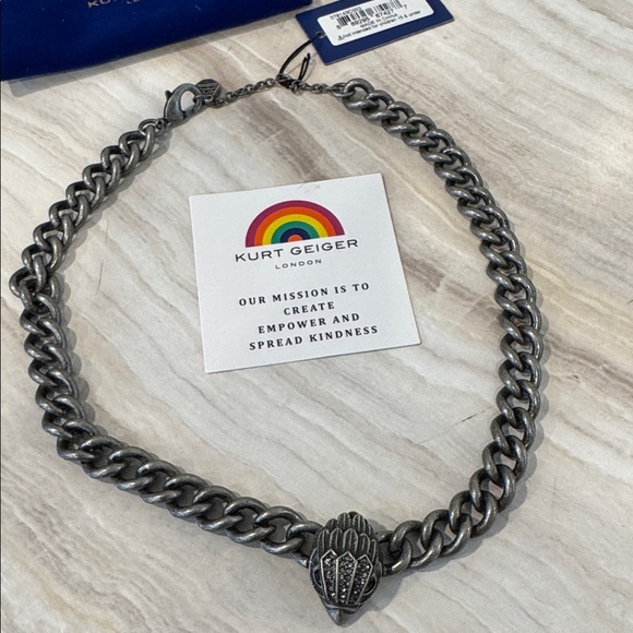 Kurt Geiger Chain Necklace Eagle Curb Chain Collar Silver Tone Brass NWT - Picture 3 of 16